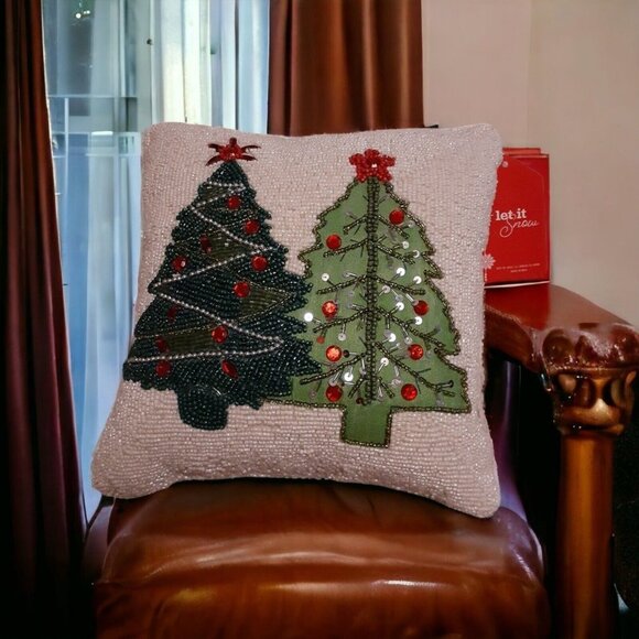 White Beaded Green Decorated Christmas Trees Festive Holiday Pillow 12x12 - Picture 2 of 16